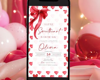 Baby Shower de corazones para enviar por correo electrónico, lazo y corazones, tema de San Valentín (plantilla de Canva) LS1