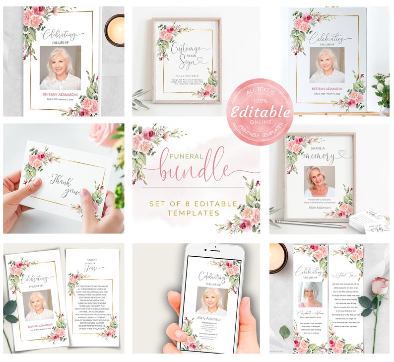 May include: A set of 8 editable funeral templates with pink floral designs. The templates include a thank you card, a sign, a memorial card, and a program. All text is 100% editable online.