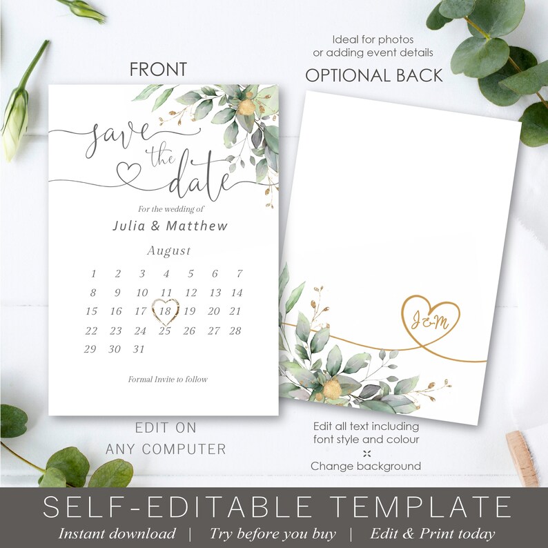Wedding Save the Date Calendar card Template Printable Etsy