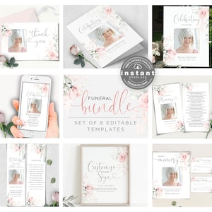 Funeral Bundle Set, Pink Celebration of Life, Funeral Memorial Pack, In Loving Memory Suite, Printable Editable Funeral Templates F-IZZY image 1