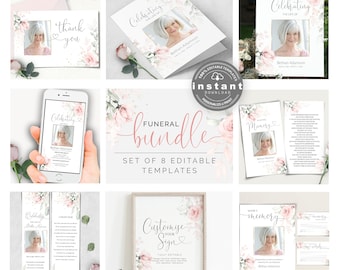 Funeral Bundle Set, Pink Celebration of Life, Funeral Memorial Pack, In Loving Memory Suite, Printable Editable Funeral Templates F-IZZY