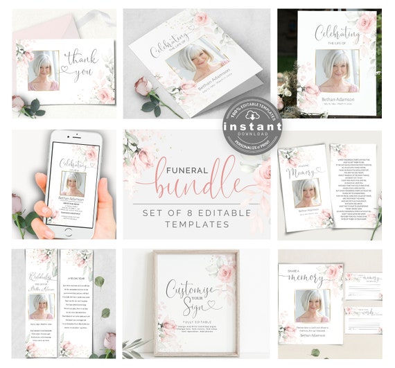 Funeral Bundle Set, Pink Celebration of Life, Funeral Memorial Pack, In Loving Memory Suite, Printable Editable Funeral Templates F-IZZY