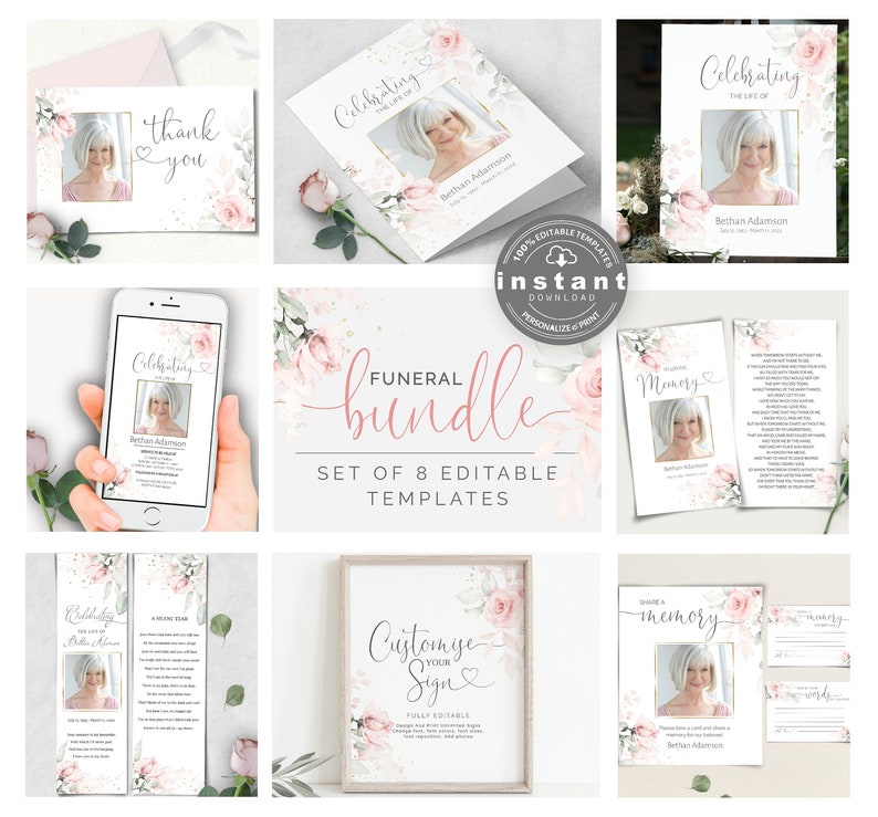 Funeral Bundle Set, Pink Celebration of Life, Funeral Memorial Pack, In Loving Memory Suite, Printable Editable Funeral Templates F-IZZY image 1