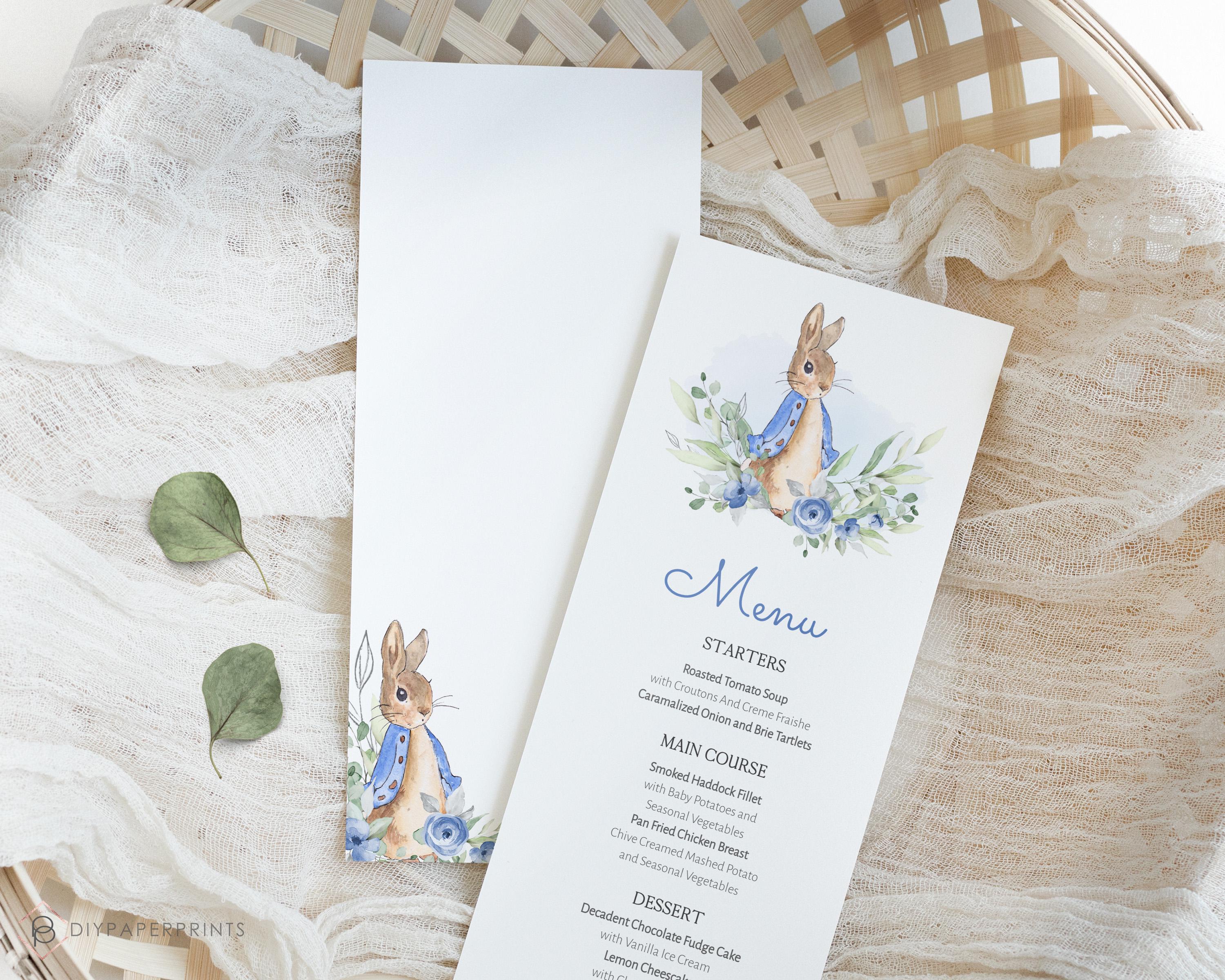 Peter Rabbit Menu Template, Menu Card Template, Baby Shower Menu ...