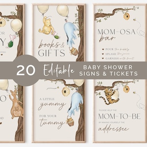 Editable Winnie The Pooh Baby Shower Signs, Classic Winnie The Pooh Baby Shower Decor, vintage Pooh Bear Table Signs and tickets Canva -WPC1