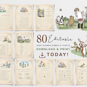 Winnie the Pooh Baby Shower Games Bundle Classic Vintage Winnie Bear Digital Game Bingo Editable Printable Vintage Editable Party BSGB