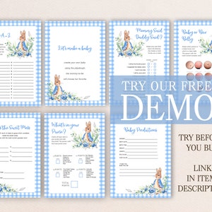 Puede incluir: Un conjunto de imprimibles de juegos para baby shower con un borde de cuadros azules. Cada tarjeta presenta una ilustraci&oacute;n de acuarela de un conejito y detalles florales. El texto incluye "Baby A-3", "Let's make a baby" y "Try our free demo".