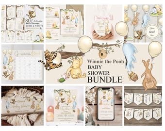 Vintage Winnie the Pooh Baby Shower Bundle: Invitations, Games (Digital Download)