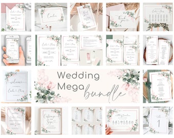 Wedding Invitation MEGA Bundle Template, 37 Pink Floral Templates MEGA Bundle, Watercolor, Editable, Wedding Suite Instant download, W-IZZY2