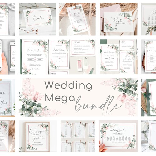 Pink Floral Wedding Invitation MEGA Bundle: Editable Templates (Digital Download)