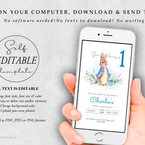 May include: Editable digital invitation template featuring a watercolor illustration of Peter Rabbit in a blue scarf, surrounded by blue flowers. The text reads "Some bunny is 1" and "Hop on over to celebrate Charlie's First Birthday".