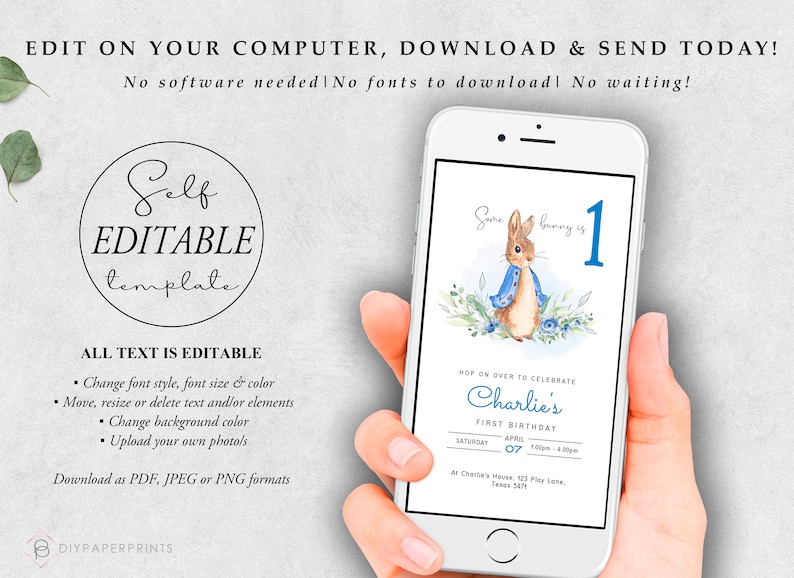 May include: Editable digital invitation template featuring a watercolor illustration of Peter Rabbit in a blue scarf, surrounded by blue flowers. The text reads "Some bunny is 1" and "Hop on over to celebrate Charlie's First Birthday".