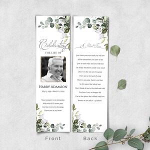 May include: A white bookmark with a green floral design and a photo of a man. The text "Celebrating the Life of" and "Harry Adamson" is printed on the front. The back of the bookmark has a poem titled "A Silent Tear".