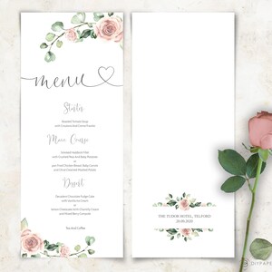 May include: A wedding menu template featuring a floral design with pink roses and green leaves. The menu includes a starter, main course, dessert, and tea and coffee options. The text at the bottom reads "THE TUDOR HOTEL, TELFORD 20.09.2020".