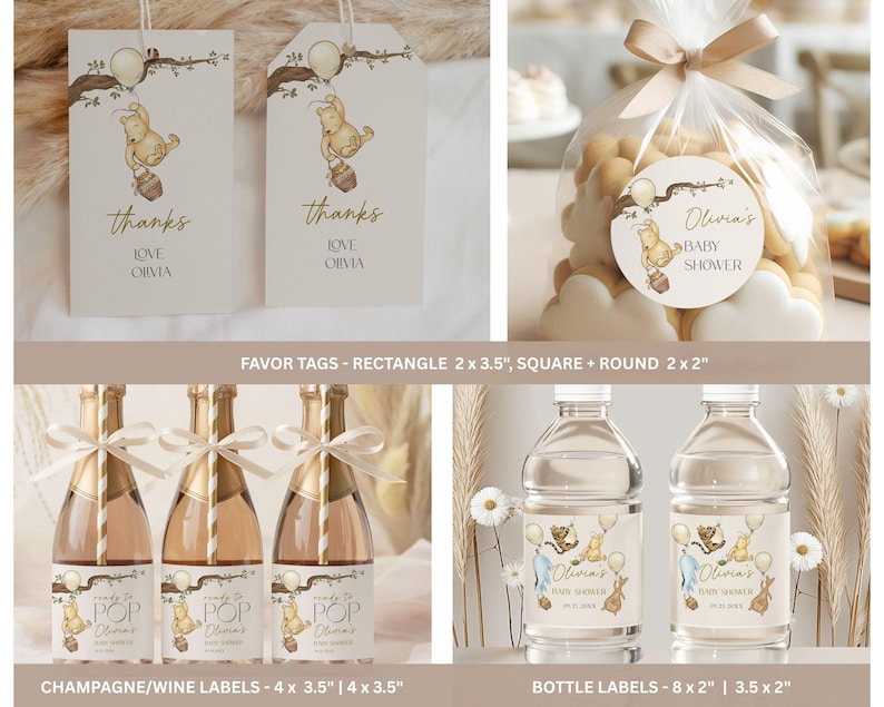 May include: A collection of baby shower party supplies featuring a Winnie the Pooh theme. Includes favor tags, champagne/wine labels, bottle labels, and a bag of cookies with a round sticker. The tags say "thanks" and "Love Olivia".
