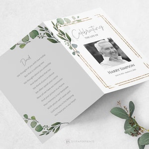 May include: A folded card with a green and gold floral design. The front of the card has a black and white photo of a man and the text "Celebrating the Life of Harry Simpson July 25, 1972 - March 13, 2020". The inside of the card has a poem about remembering a loved one.