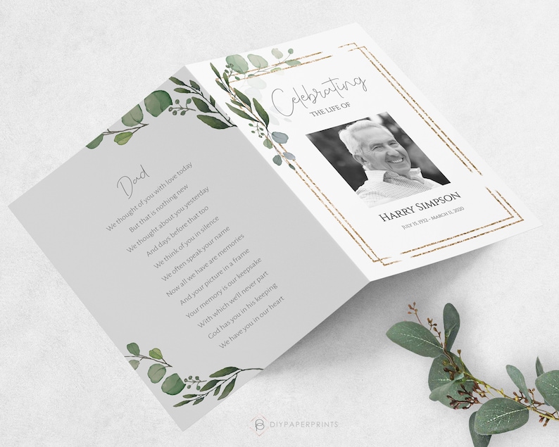 May include: A folded card with a green and gold floral design. The front of the card has a black and white photo of a man and the text "Celebrating the Life of Harry Simpson July 25, 1972 - March 13, 2020". The inside of the card has a poem about remembering a loved one.
