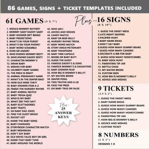 Peut inclure: Ensemble de jeux de baby shower imprimables comprenant 86 jeux, 16 panneaux, 9 billets et 8 num&eacute;ros. Les jeux incluent des quiz, des pr&eacute;dictions et des activit&eacute;s. Les panneaux et les billets sont pour les activit&eacute;s de baby shower. Cl&eacute;s de r&eacute;ponses incluses.