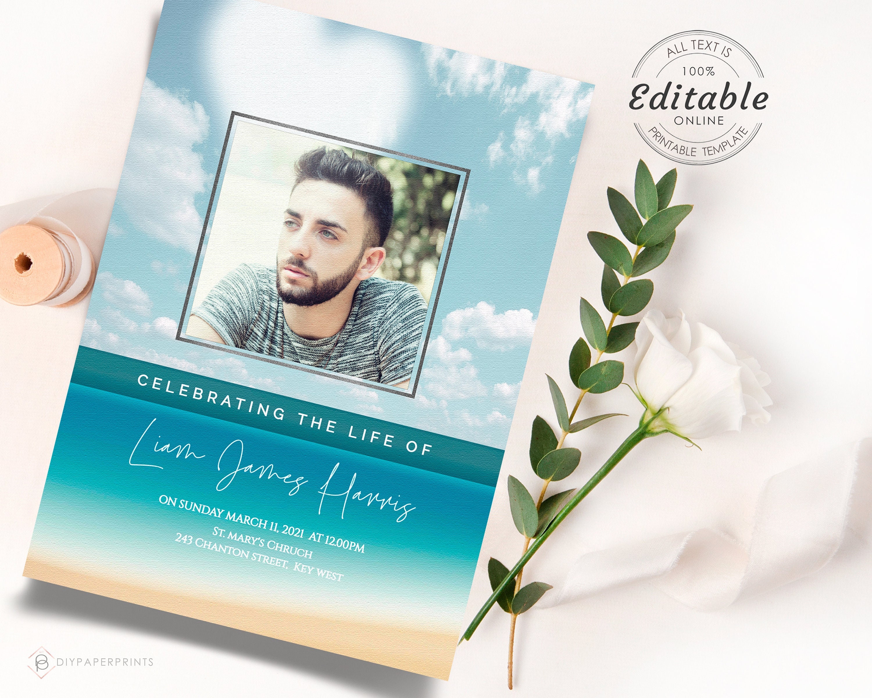 Celebration of Life Invitation Template, Funeral Invitation Template,  Greenery Funeral Memorial Service Invite, INSTANT DOWNLOAD, F-OCEAN - Etsy, image size:3000x2400