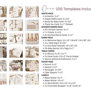 May include: A collection of baby shower templates, including invitations, games, signs, table cards, favor tags, and labels. The templates feature a soft, neutral color palette with a bunny theme. Text on the image reads "Over 100 Templates Included."