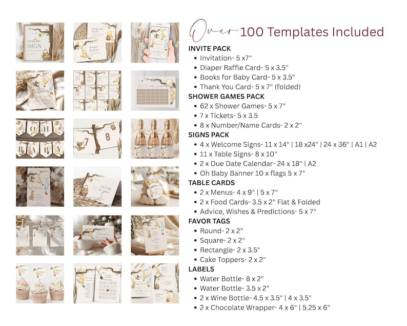 May include: A collection of baby shower templates, including invitations, games, signs, table cards, favor tags, and labels. The templates feature a soft, neutral color palette with a bunny theme. Text on the image reads "Over 100 Templates Included."