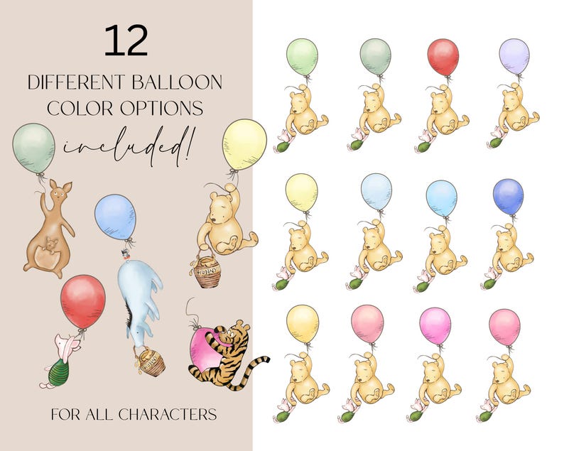 Peut inclure: Illustration de personnages de dessins anim&eacute;s, dont un kangourou, un ours et un tigre, chacun tenant un ballon color&eacute;. L'image comprend le texte "12 OPTIONS DE COULEURS DE BALLONS DIFF&Eacute;RENTES incluses ! POUR TOUS LES PERSONNAGES."
