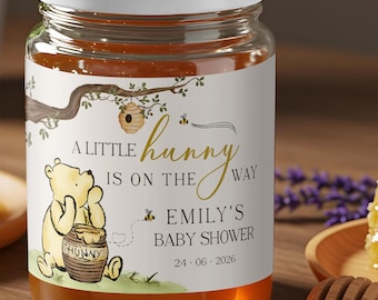 Pegatinas para tarro de miel de Winnie the Pooh, "A Little Hunny Is On The Way", etiquetas para recuerdo de cumpleaños de baby shower (descarga digital)