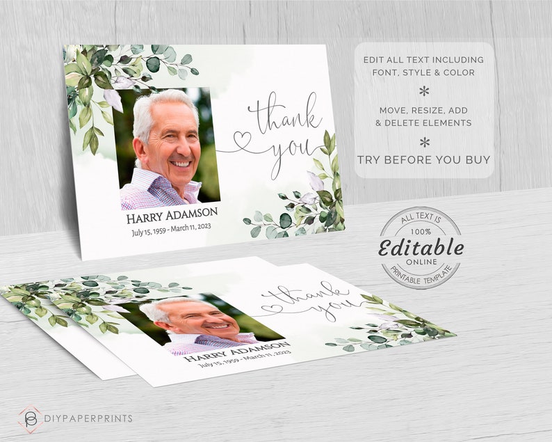 Greenery Funeral Thank You Card Template: Eucalyptus Editable Memorial ...