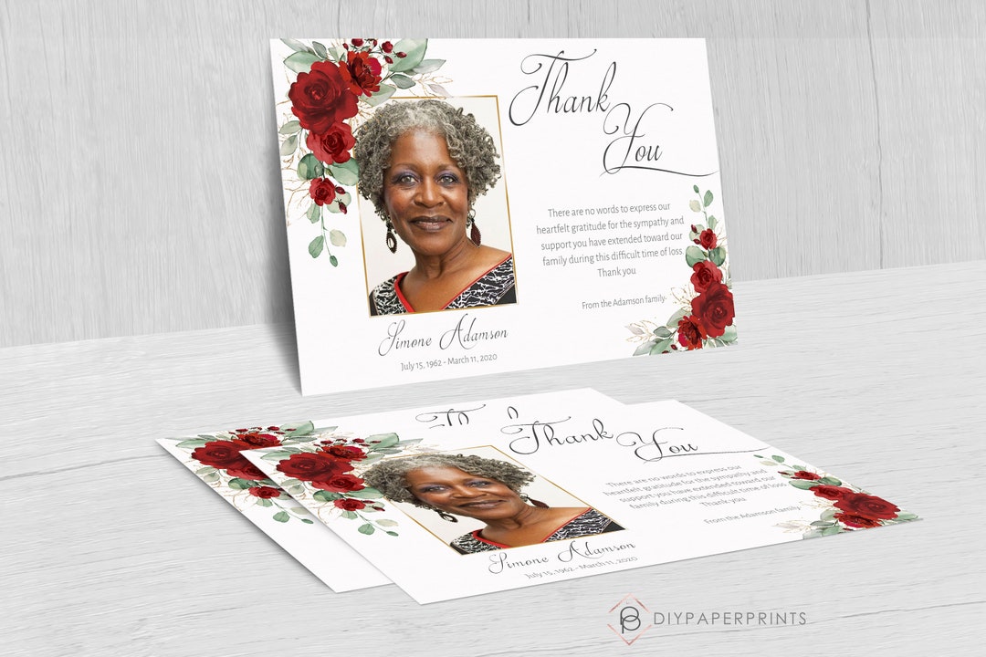 Red Floral Funeral Thank You Card Template (instant Download) - Etsy