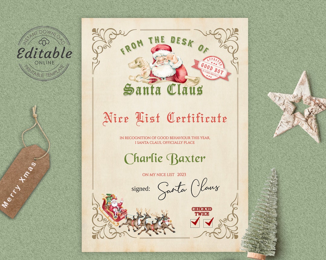 Editable Santa Claus Official Nice List Certificate Letter From Desk ...