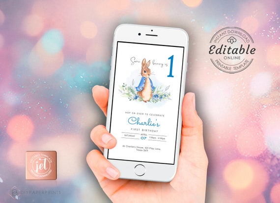 Editable Peter Rabbit Birthday Blue Evite Electronic Template Boy Any Age First Birthday Invitation Hop On Over Instant download PR1