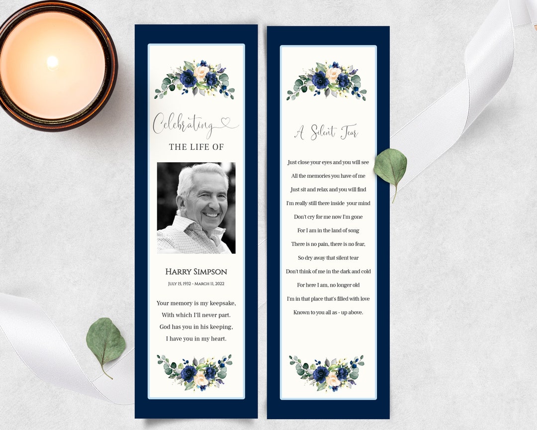 Funeral Bookmark Template, Editable, Printable Funeral Bookmark, Blue and White Floral Memorial