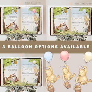 May include: A baby shower invitation with a Winnie the Pooh theme. The invitation features illustrations of Pooh, Tigger, and other characters. The text reads "Welcome to Emilie's Baby Shower" and includes the date. Three balloon options are available.