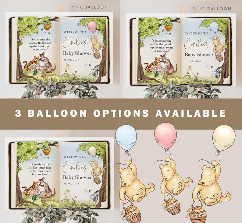 May include: A baby shower invitation with a Winnie the Pooh theme. The invitation features illustrations of Pooh, Tigger, and other characters. The text reads "Welcome to Emilie's Baby Shower" and includes the date. Three balloon options are available.