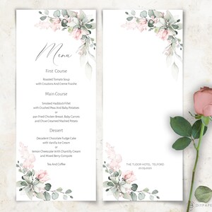 May include: A wedding menu template with a watercolor floral design in shades of pink and green. The menu lists the courses for a wedding reception: Roasted Tomato Soup, Smoked Haddock Fillet, pan Fried Chicken Breast, Decadent Chocolate Fudge Cake, and Lemon Cheesecake. The menu also includes the date and location of the wedding: THE TUDOR HOTEL, TELFORD, 20.09.2020.