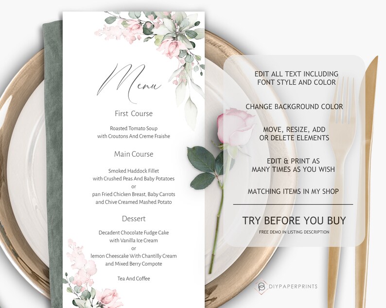 May include: A printable wedding menu template with a watercolor floral design featuring pink roses and green leaves. The menu includes a first course, main course, dessert, and tea and coffee. The text is editable and can be customized with different fonts and colors. The template can be printed as many times as needed.