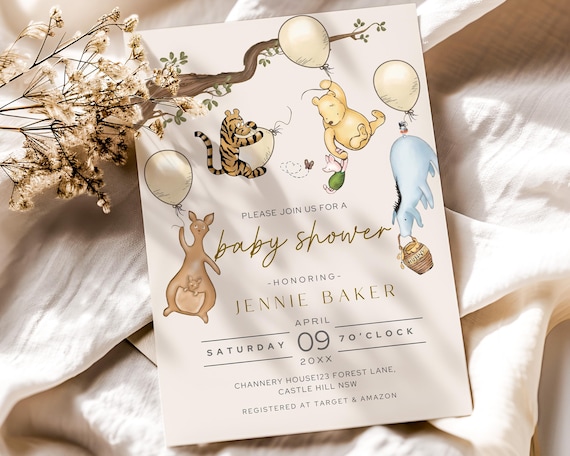 Winnie the Pooh Baby Shower Invitation: Classic Gender Neutral Canva Template (5x7)