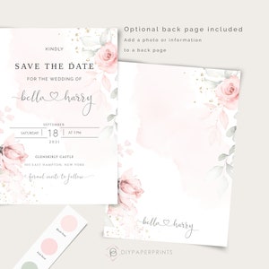 May include: A pink and white save the date card with floral illustrations and gold glitter. The text reads "KINDLY SAVE THE DATE FOR THE WEDDING OF bella harry SATURDAY SEPTEMBER 18 AT 3PM 2021 GLENSKIRLY CASTLE 501 EAST HAMPTON, NEW YORK formal invite to follow".