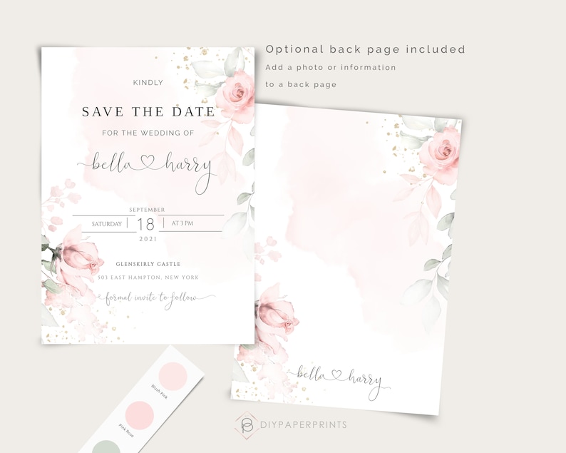 May include: A pink and white save the date card with floral illustrations and gold glitter. The text reads "KINDLY SAVE THE DATE FOR THE WEDDING OF bella harry SATURDAY SEPTEMBER 18 AT 3PM 2021 GLENSKIRLY CASTLE 501 EAST HAMPTON, NEW YORK formal invite to follow".