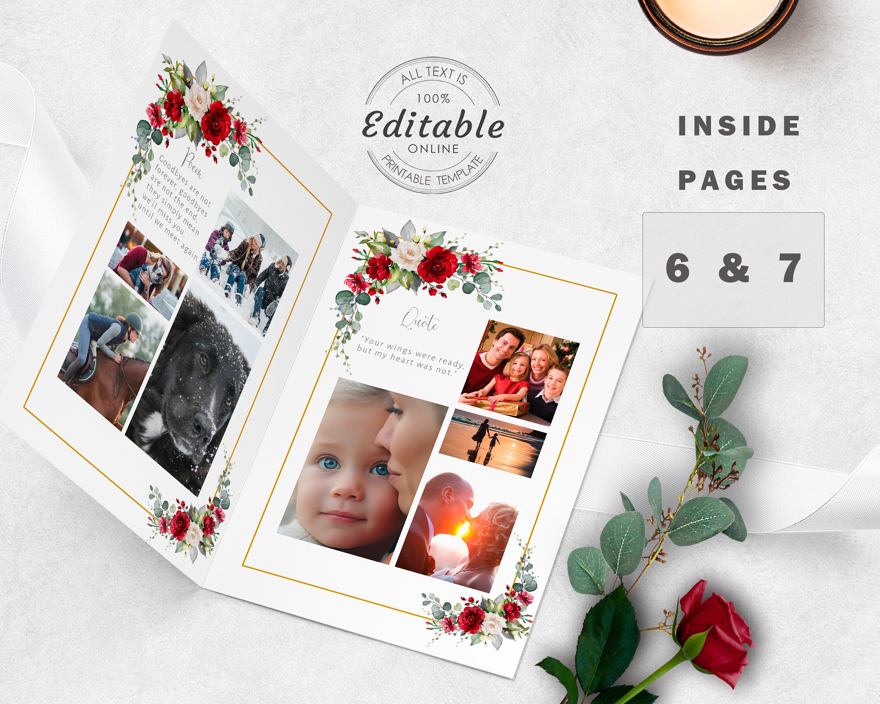Red Roses Funeral Program Template: Editable Memorial Service (digital ...