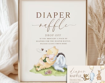 Winnie the Pooh Diaper Raffle Sign & Ticket: Vintage Baby Shower (Canva Template) WD1