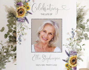 Cartel floral de bienvenida para funeral: Póster de celebración de la vida con girasoles (plantilla editable)