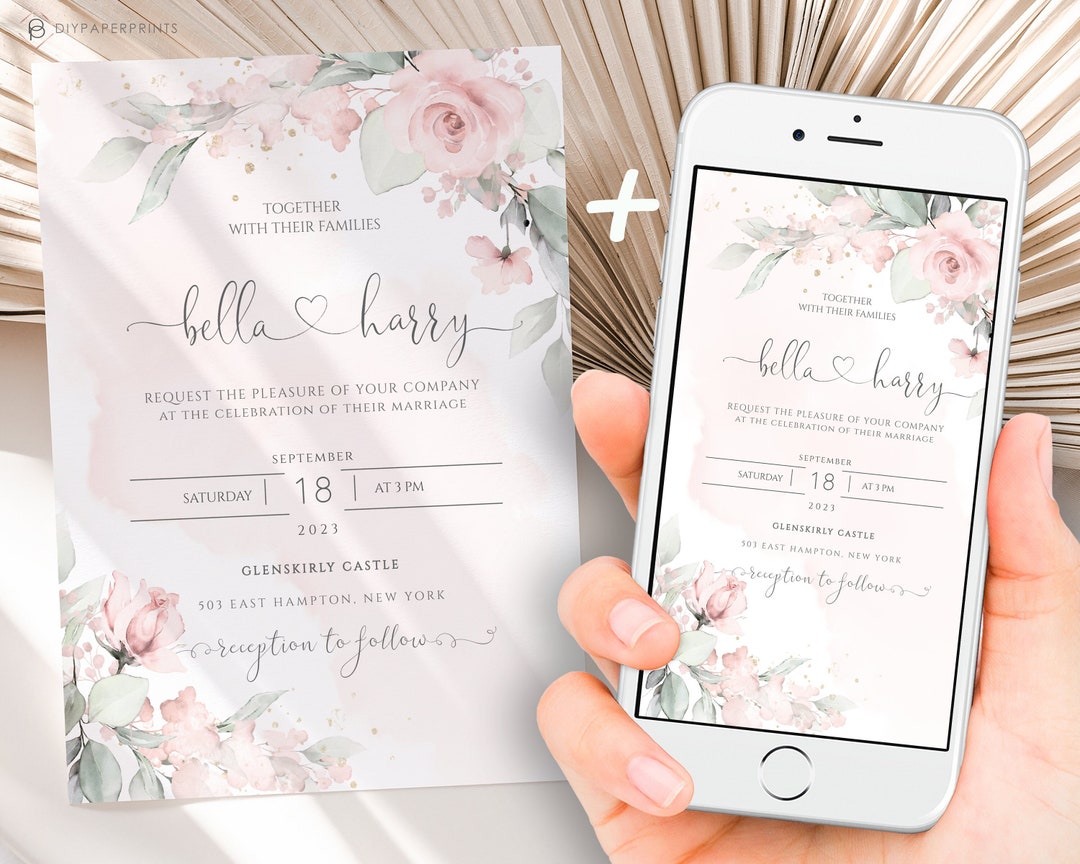 Wedding Invitation and Evite Template, Pink Floral & Greenery Editable ...