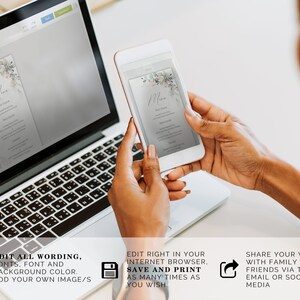 May include: A digital mockup of a wedding menu template with a watercolor floral design in shades of gray and pink. The text on the menu reads "Menu". The image shows a person using a laptop and a smartphone to edit the template.