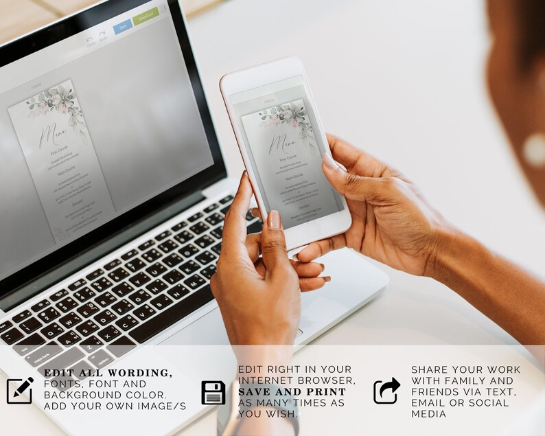 May include: A digital mockup of a wedding menu template with a watercolor floral design in shades of gray and pink. The text on the menu reads "Menu". The image shows a person using a laptop and a smartphone to edit the template.