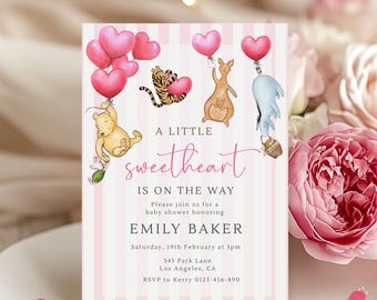 Winnie the Pooh Little Sweetheart Baby Shower Invite Valentine Baby Shower, Sweetheart Baby Shower Invite, 5x7", Canva Template LS2
