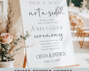 Elige un asiento, no un bando. Ceremonia sin cables. Cartel impreso o digital personalizado. Póster moderno. Lienzo, cartón pluma o archivo PDF.