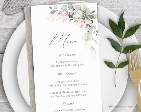 Wedding Menu Card Template, Blush Pink Wedding Menu, Bridal Shower Brunch Dinner, Printable Editable Download, Romantic Wedding, W-IZZY 2