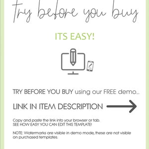 May include: A graphic with the text "try before you buy" and "ITS EASY!"  A computer screen with a pencil icon and a mobile phone with a pencil icon. The text "TRY BEFORE YOU BUY using our FREE demo... LINK IN ITEM DESCRIPTION" with a right arrow.