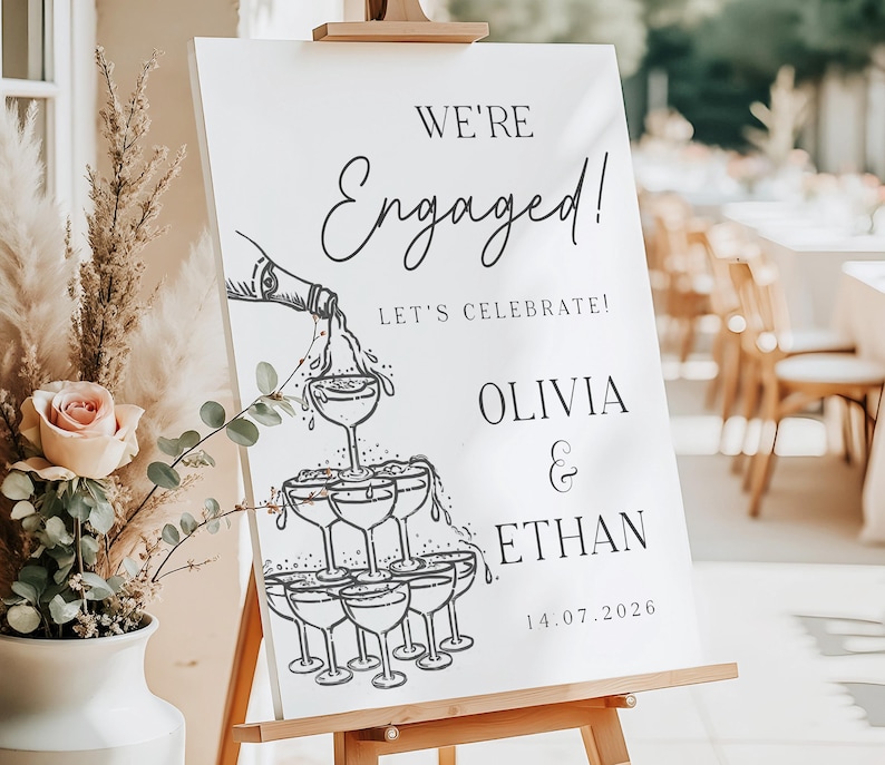 Engagement Party Welcome Sign We're Engaged Champagne Toast PRINTED or Digital Modern Minimalist Poster Canvas, Foamboard, PDF A1 A2 A3 Bild 1